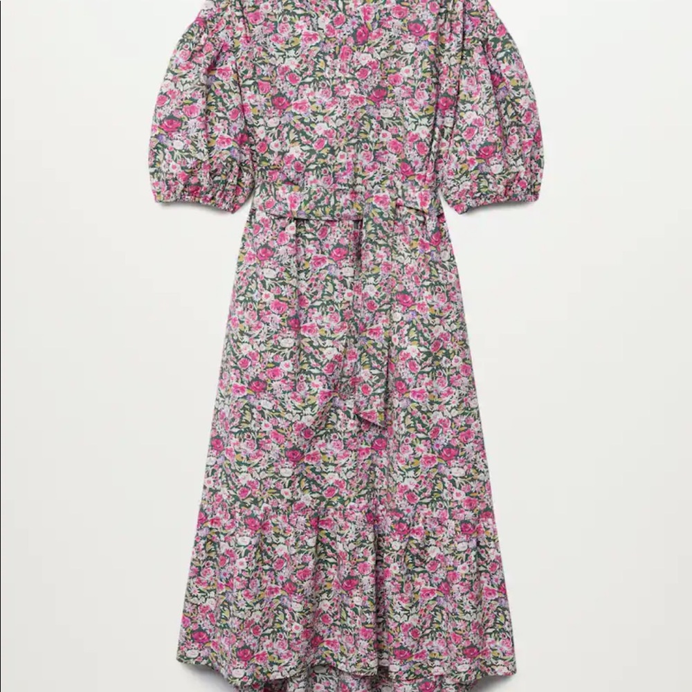 Mango Floral Long Dress with Waist Tie